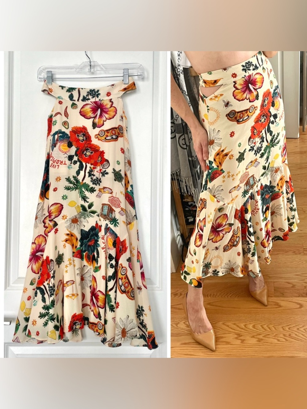 Tropical Retro Print Midi Skirt High Waist Peekaboo Cutouts Floral Orchid